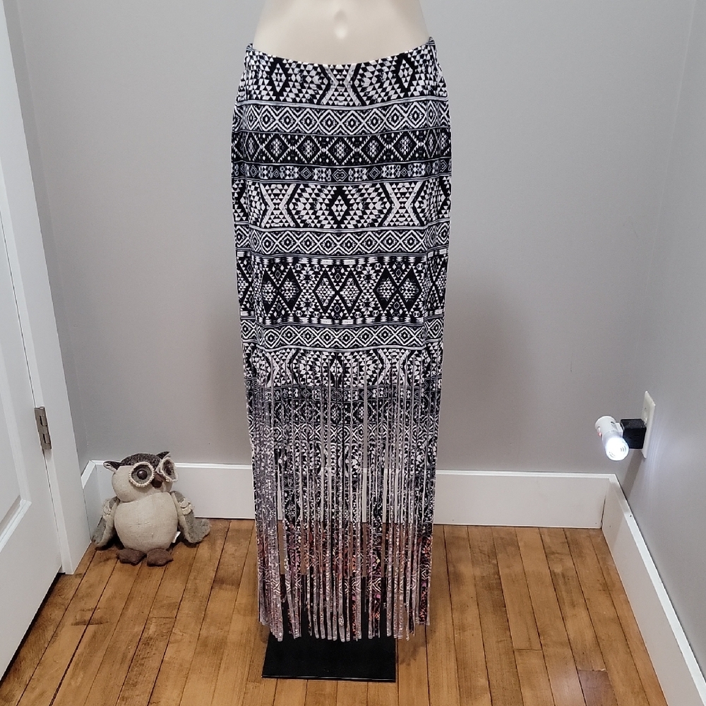 Black and White With Multi Color Bottom Tribal Fringe Maxi Skirt Sz S
